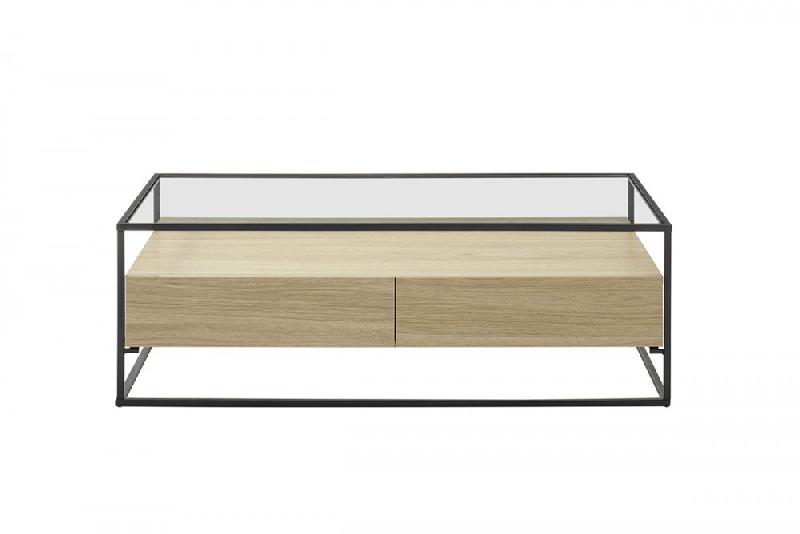 Table basse design Edmonton 120 cm - décor chêne, piètement acier époxy, plateau verre trempé, 2 tiroirs_3