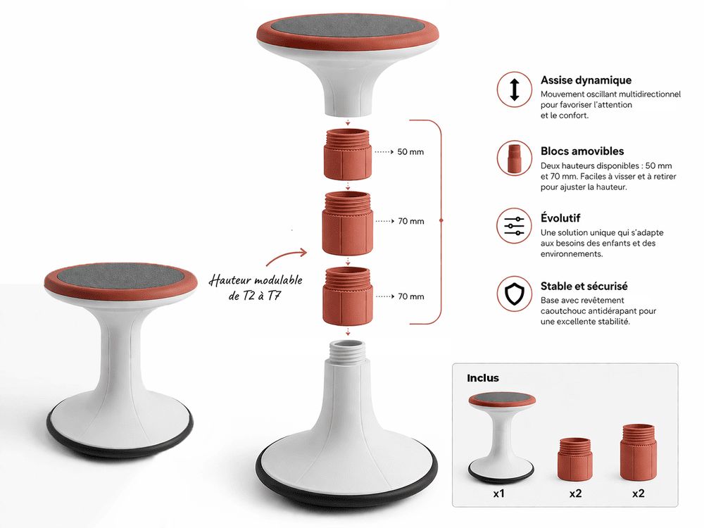 Tabouret dynamique scolaire réglable en hauteur MOBI-TWIST - Assise active T2 à T7_3