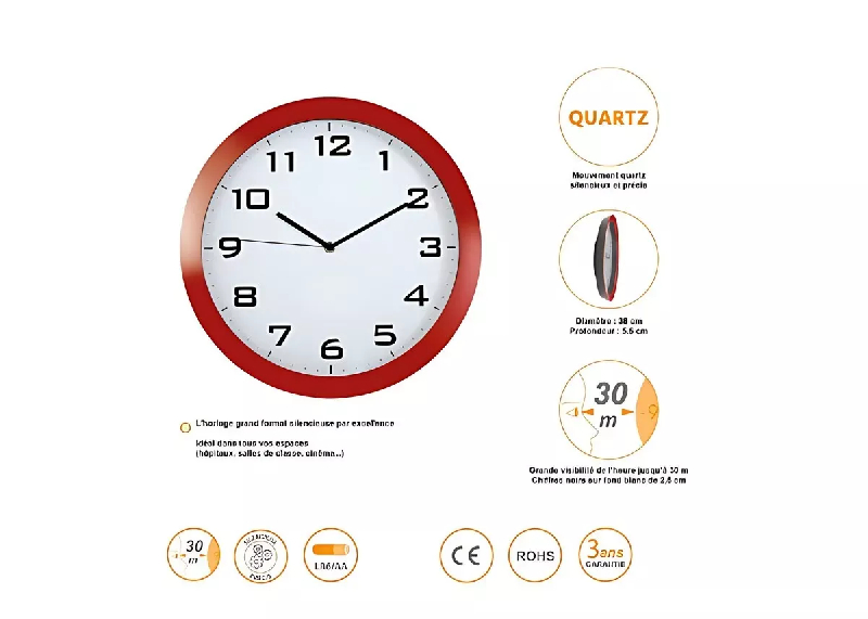 Horloge murale silencieuse rouge - Ø38 cm - Mouvement à quartz haute précision - Fabrication RPC_3