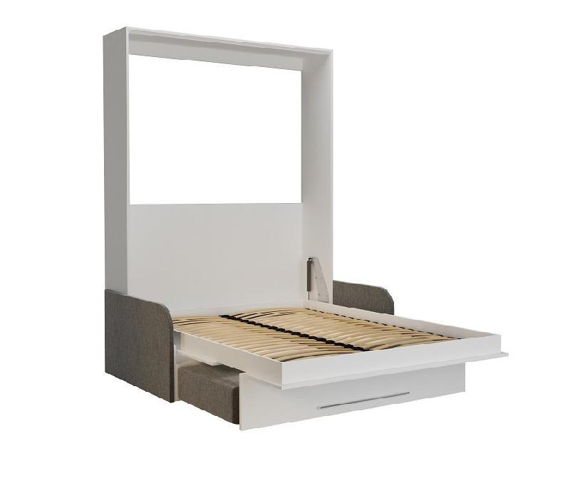 Armoire lit escamotable KOMPACT SOFA - Blanc mat - Canapé avec tiroirs et accoudoirs tissu gris - Couchage 140x200 cm_3