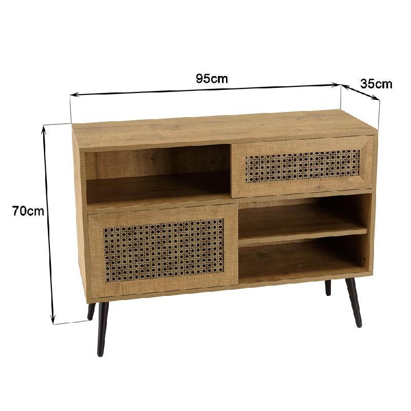 Buffet bas CALINE - 3 niches, 2 portes coulissantes effet cannage, pieds métal noir_3