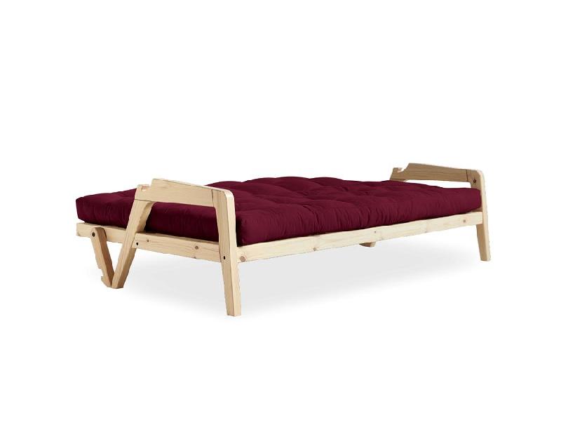 Canapé convertible futon Grab - Pin naturel - Coloris bordeaux - Couchage 130 x 190 cm - Style scandinave et rétro_3