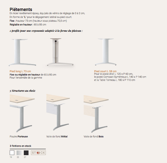 Bureau open space moderne avec pieds réglables en hauteur - Gamme Prem's Columbia - Plateau personnalisable_3