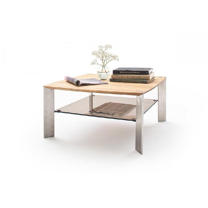 Table basse NEVERS en bois de chêne massif huilé et acier - 80 x 80 cm avec étagère en verre trempé teinté bronze_3