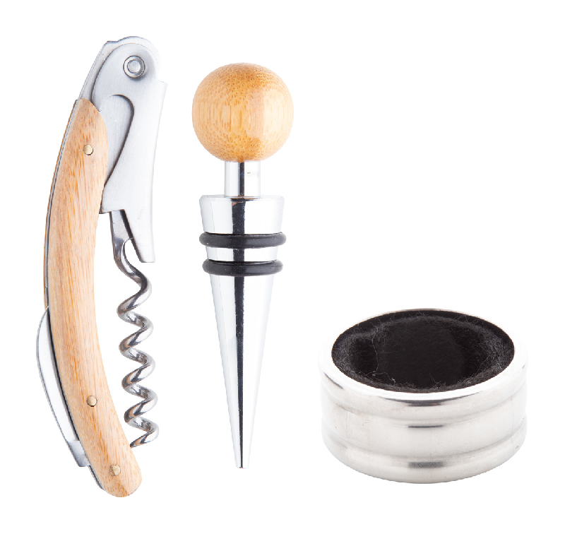 Set à vin - tire-bouchon, bouchon et stop-gouttes - boîte en bambou_3