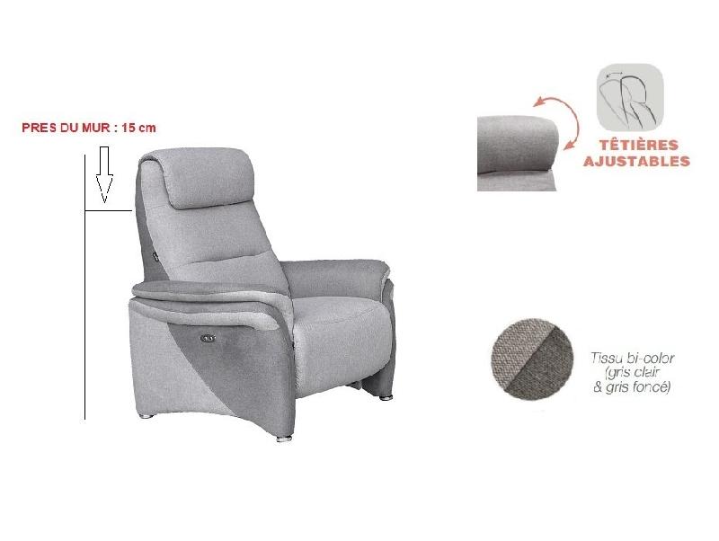Fauteuil relax électrique Zilia - tissu bi-color gris clair et gris foncé - têtière ajustable et inclinaison jusqu'à 140°_3