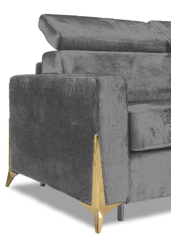 Canapé convertible express ODACIO - Sommier à lattes 140x197cm - Matelas 16cm - Têtières réglables - Pieds dorés - Velours gris_3