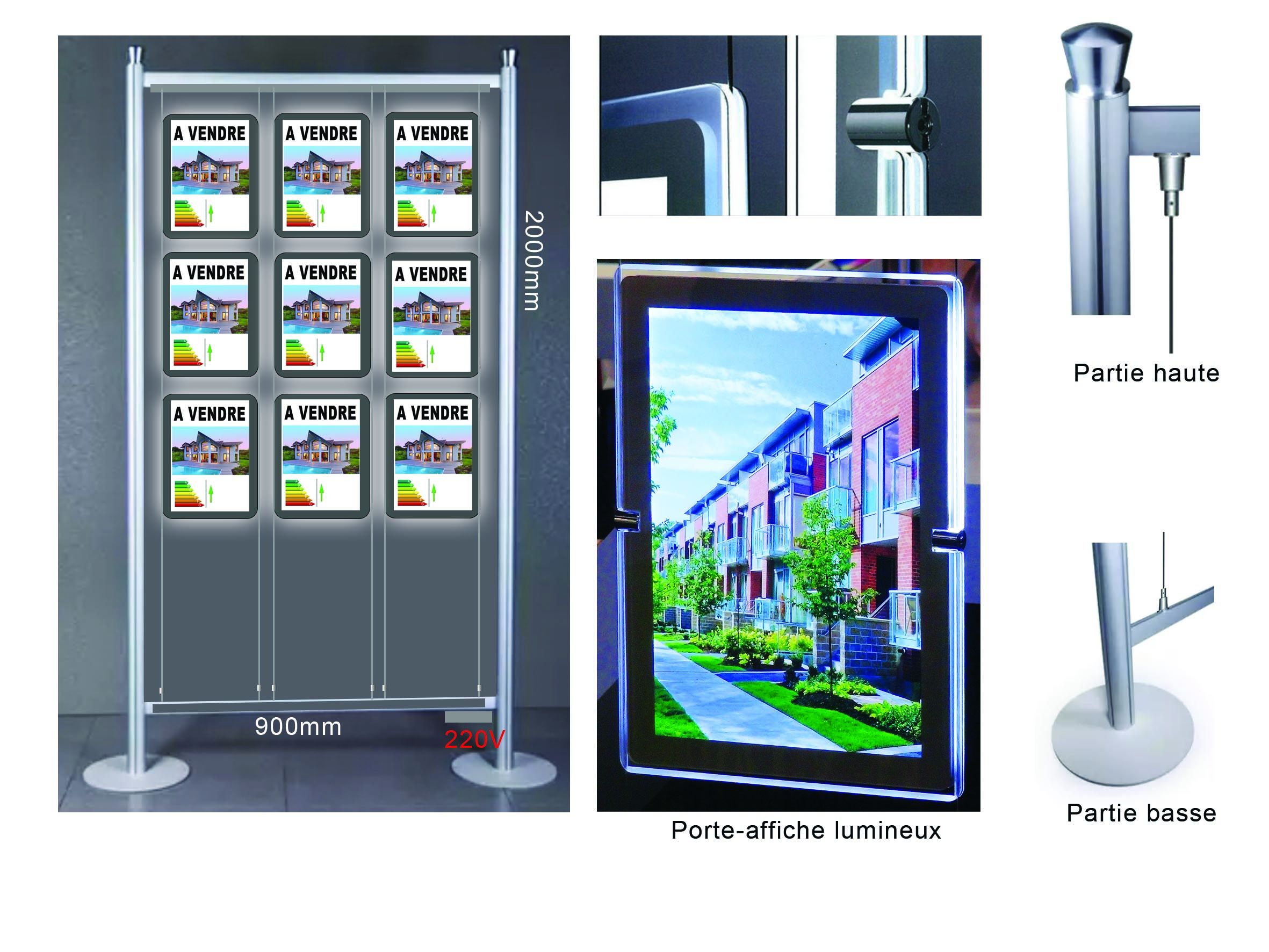 Support d'affiche lumineux pour vitrine avec alimentation incluse