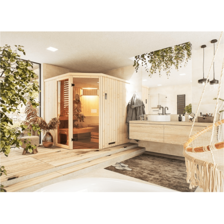 Cabine de sauna d'angle 194x144x199 avec poêle HARVIA VEGA 8KW - Commande déportée_3