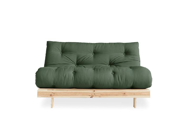 Canapé convertible futon ROOTS - Pin naturel - Tissu vert olive - Couchage 160x200 cm - Design japonais et scandinave_3