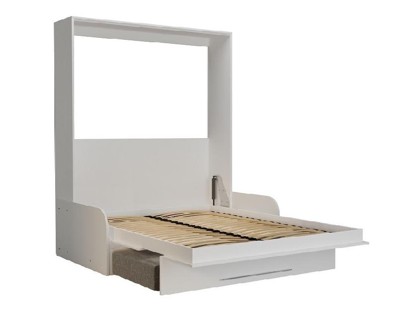 Armoire lit escamotable KOMPACT SOFA - canapé avec accoudoirs et tiroirs - blanc mat et tissu gris - couchage 160x200 cm_3