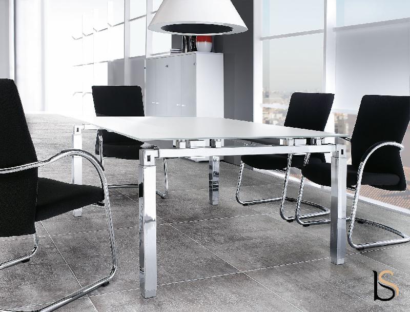 Table de réunion avec plateau en verre - Mobel Linea - Chromé, Verre Blanc_3