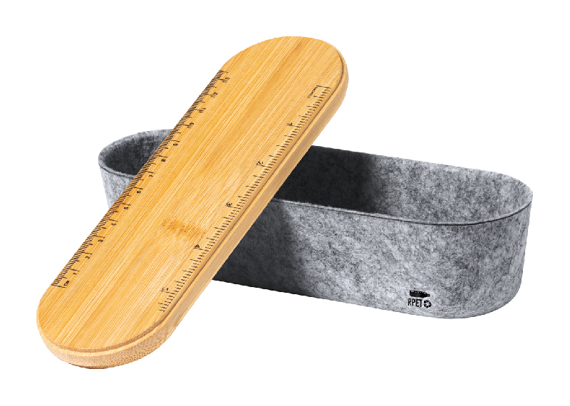 Porte-stylo en RPET - avec couvercle en bambou, sangle élastique, règle et support téléphone intégré_3