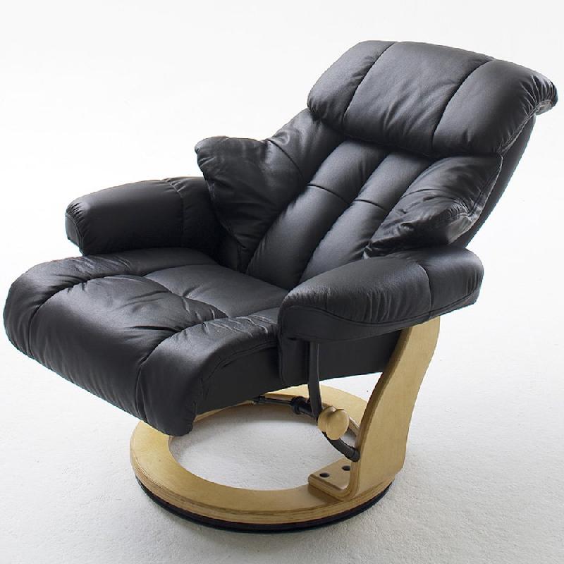 Fauteuil relax Clairac - cuir noir, pied en bois naturel avec repose-pied - inclinable 135° et pivotant 360°_3