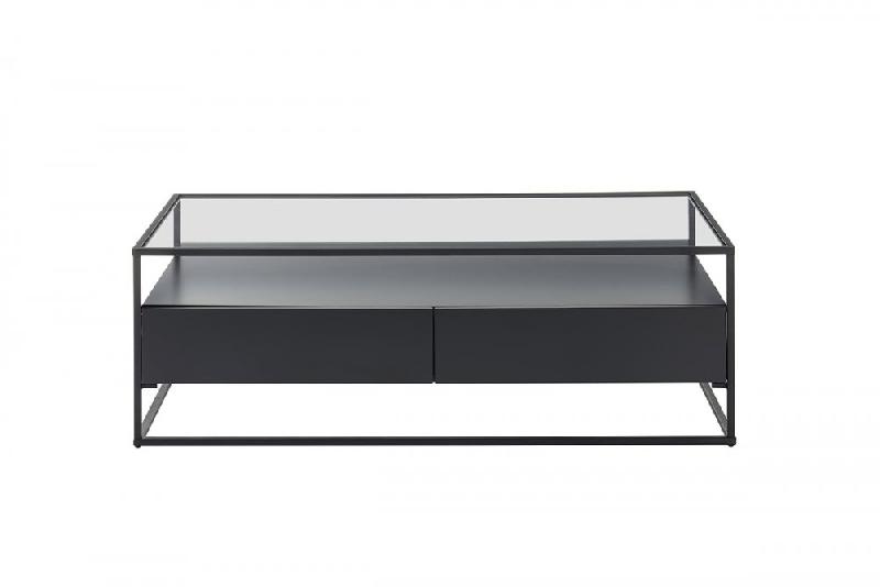 Table basse design Edmonton 120 cm - noir mat, plateau en verre trempé, piètement métal noir, 2 tiroirs_3
