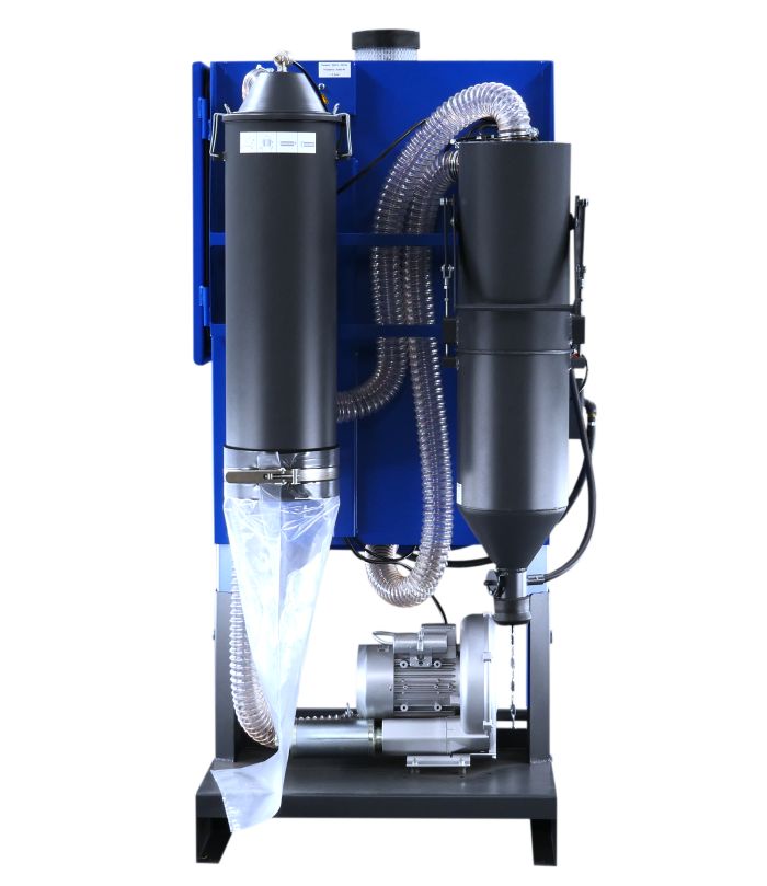 Cabine de sablage avec cyclone pour séparation de l'abrasif et de la poussière