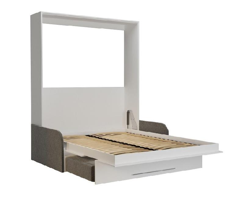 Armoire lit escamotable KOMPACT SOFA blanc mat - canapé avec accoudoirs et tiroirs tissu gris - couchage 160x200 cm_3