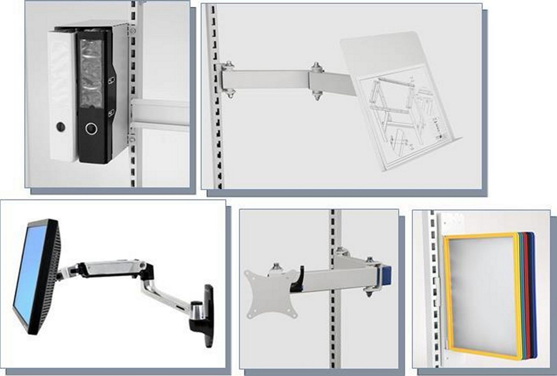 Desserte informatique - hauteur 1650 mm - avec montants perforés, tablette basse, support clavier et écran, rampe électrique, roulettes avec freins_3