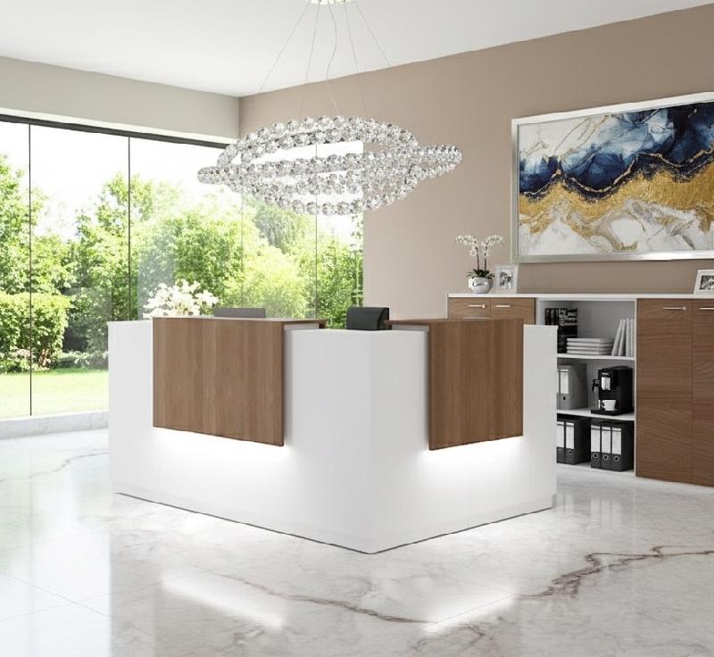 Comptoir d'accueil d'angle avec 2 réhausses Delta - Mobel Linea. - 224, Droite, Blanc, Non, Acacia foncé_3