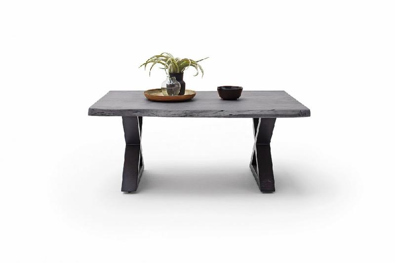 Table basse Claren - plateau 110 cm en acacia massif laqué gris - piétement en X laqué anthracite_3
