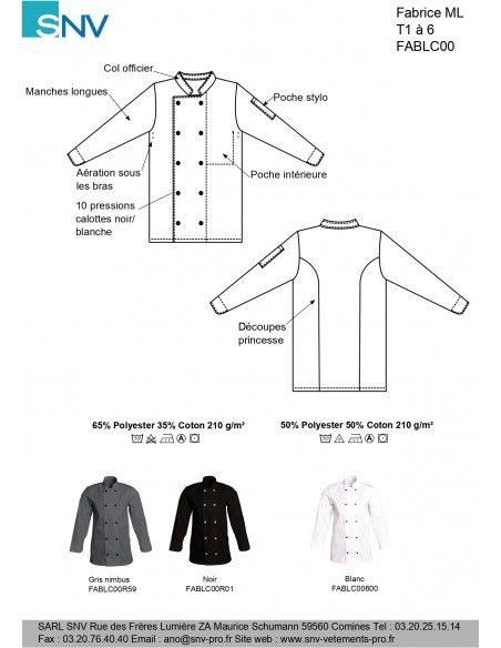 Fablc00600 - Veste de cuisine SNV - 1 poche intérieure - Manches longues - Aération sous les bras - 10 pressions couleur_3