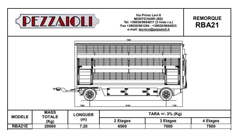 RBA21 - Remorque Bétaillère Carrozzeria Pezzaioli - Essieux jumelés fixes 10 000 kg, aluminium anticorrosion, 2 à 4 niveaux de chargement_3