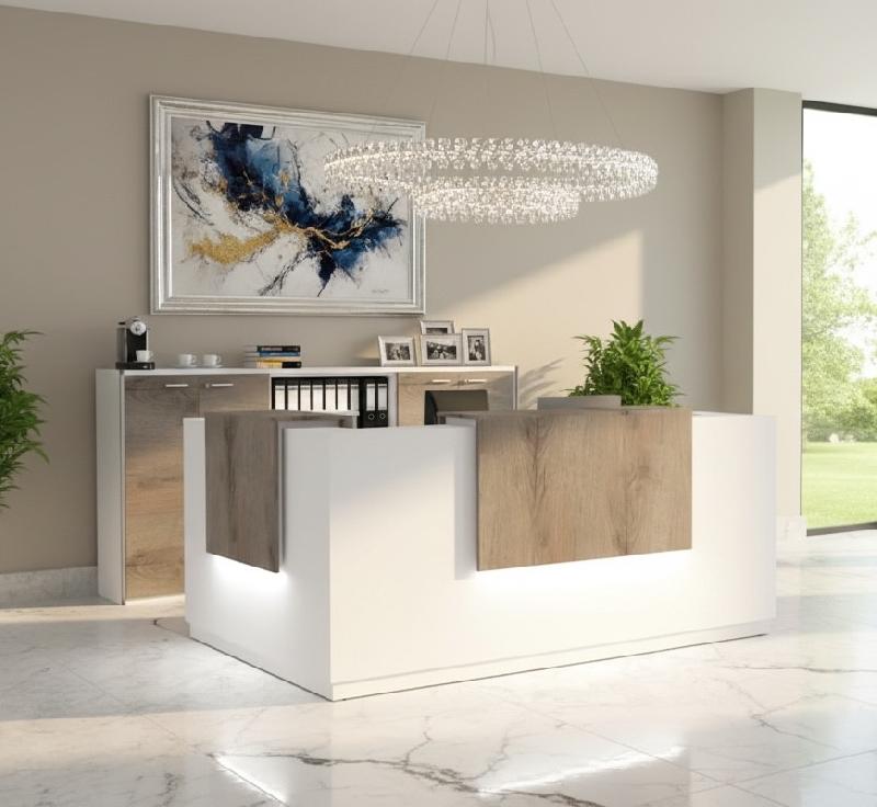 Comptoir d'accueil d'angle avec 2 réhausses Delta - Mobel Linea. - 184, Gauche, Blanc, Non, Chêne grisé_3