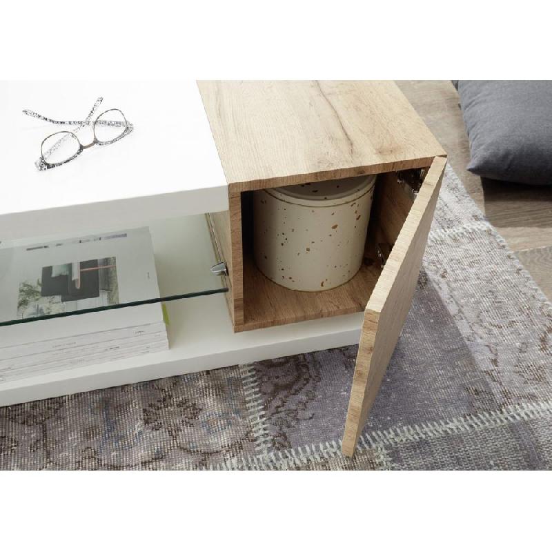 Table basse Mardin 120 x 63 cm - décor chêne noueux et blanc laqué - design contemporain avec rangement et étagère en verre_3
