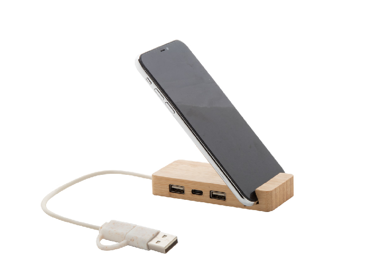 Port USB en bambou - Support pour téléphone portable avec 2 ports USB et 1 port USB-C_3