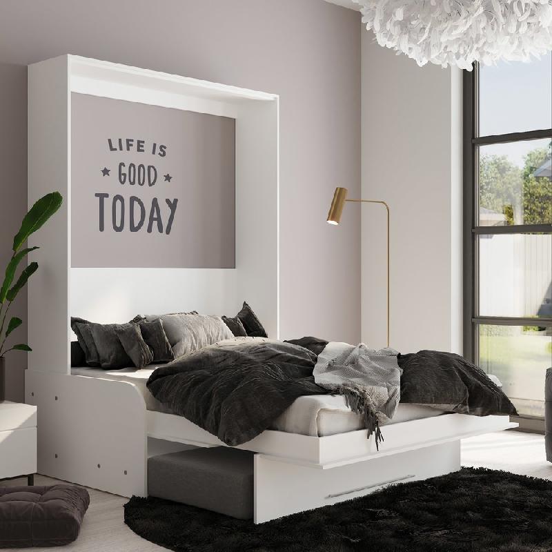 Armoire lit escamotable Kompact Viardo Sofa - canapé accoudoirs blanc mat - tissu gris - couchage 140x200 cm avec sommier à lattes_3