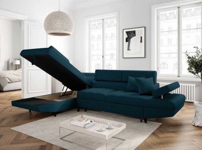 Canapé d'angle méridienne coffre gauche RINO convertible bleu canard - pieds laqués noir - 3 têtières réglables et 2 coussins déco_3