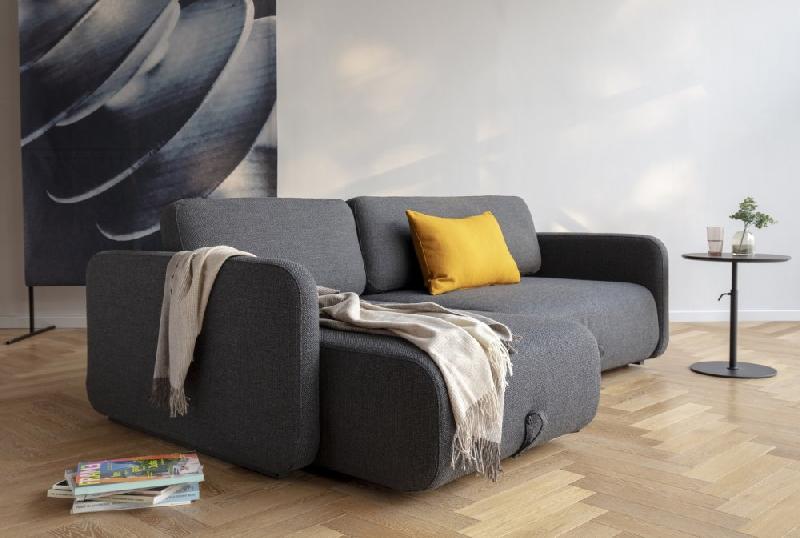 Canapé convertible design Vogan - Innovation Living - tissu Kenya Dark Grey - étagère intégrée et couchage 120x200 cm_3