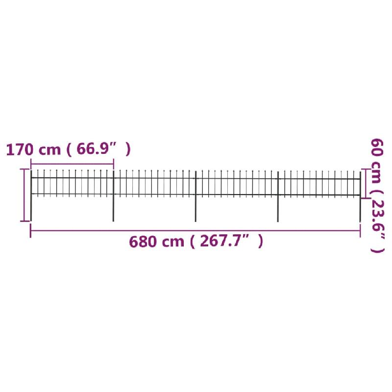 Vidaxl clôture de jardin avec dessus en lance acier 6,8 x 0,6 m noir 277596_3