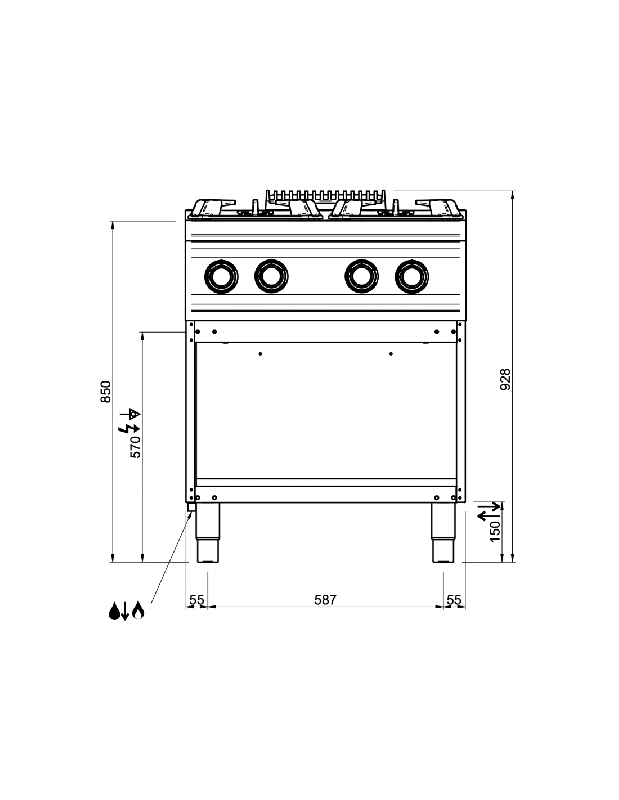 Fourneau 4 feux gaz sur placard ouvert - 5.5 kW - Gamme DOMINA PRO 700 - Modèle IPX5 - Référence FB77AXS_3