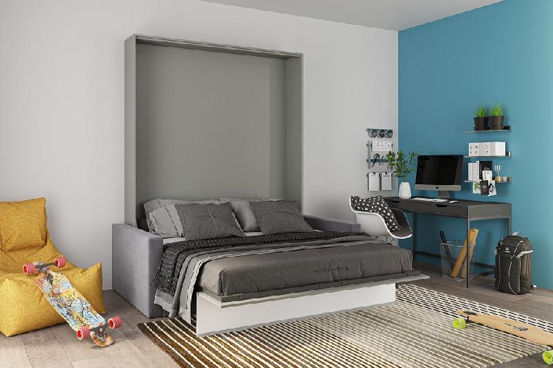 Armoire lit escamotable DJUKE SOFA - Canapé gris 160x200 cm avec bandeau blanc mat_3