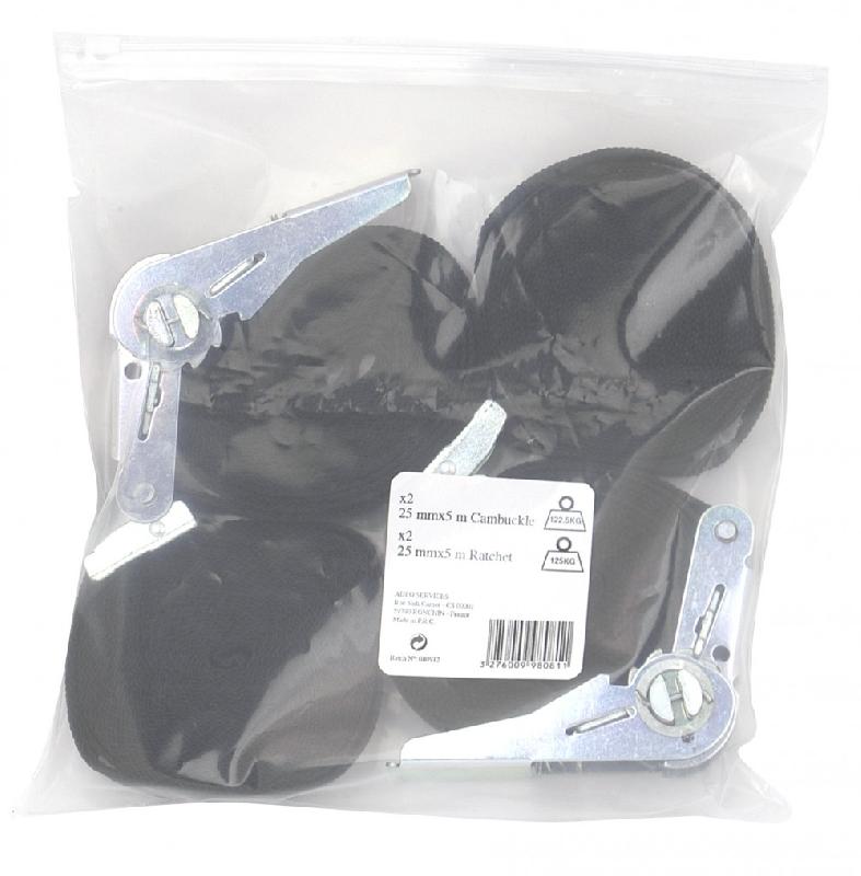 Lot de 2 sangles à cliquet 25mm x 5m - 125kg et 2 sangles à boucle 25mm x 2.5m - 120kg - Polyester_3