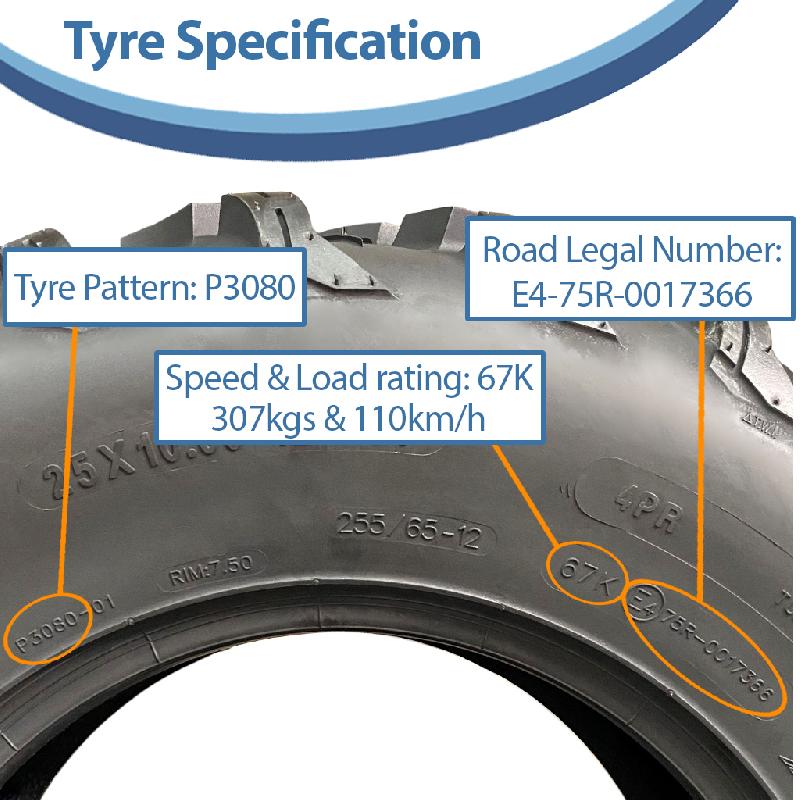 25x10.00-12 (255/65-12) 4ply ATV Tyres P3080 OBOR Pinacle Road Legal (Set of 3)_3