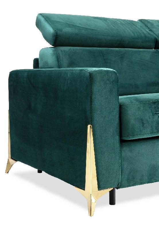 Canapé convertible Express Odacio 3 places - Sommier à lattes 140x197 cm - Têtières réglables - Matelas 16 cm - Pieds dorés - Velours bleu/vert menthe_3
