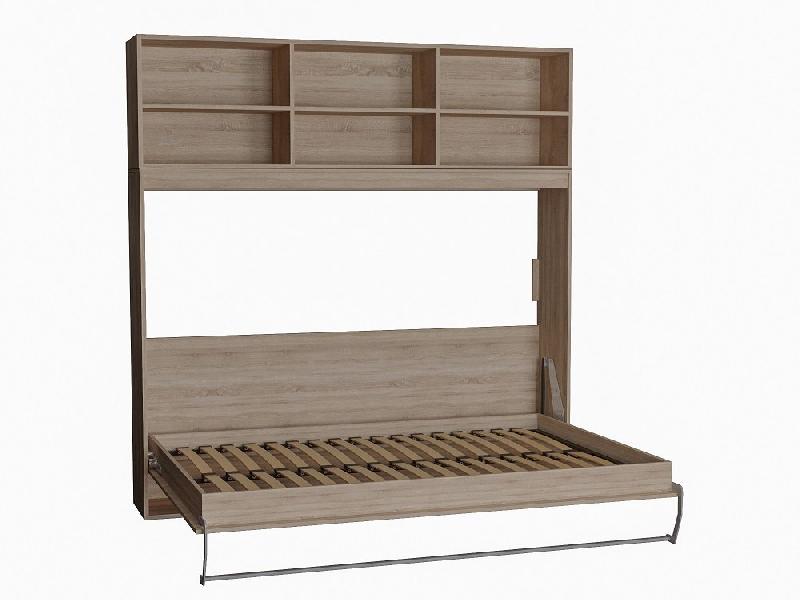 Lit escamotable STRADA-V2 - Mélaminé chêne naturel - Couchage 140 x 200 cm avec surmeuble 6 niches de rangement_3