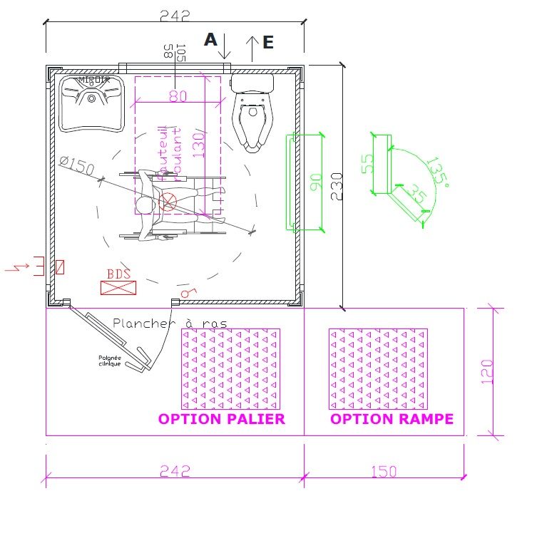 Bungalow sanitaire isolé avec aménagement pour personnes à mobilité réduite