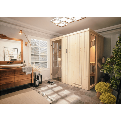 Cabine de sauna 194x144x199 avec poêle HARVIA VEGA 8KW à commande déportée - Bois d'épicéa et tilleul - Portes en verre trempé_3