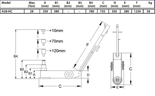 A28-hc - Crics oléopneumatiques Compac - Capacité maximale 28T - Hauteur maxi 780 mm avec extensions_3