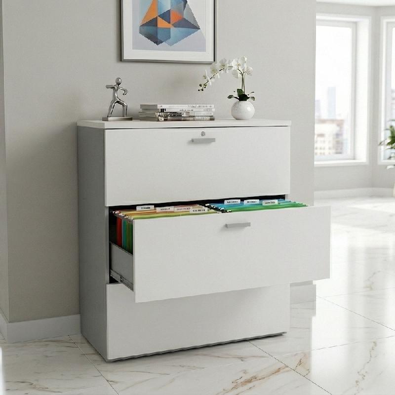 Armoire de Bureau : Classeur Professionnel 3 Tiroirs pour Dossiers Suspendus - 120, Blanc pastel, Gris aluminium_3
