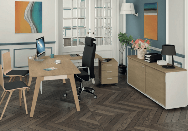 Bureau de direction design unique et chaleureux - Woody Manager - Burocéan - avec vérins de mise à niveau et piétement en bois moulé_3