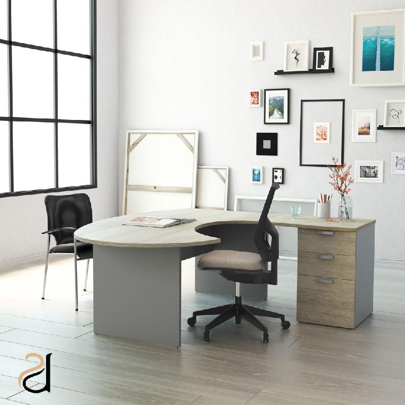 Bureau ergonomique avec caisson de rangement Tono - Mobel Linea - 200, Acacia foncé, Droite, 4 tiroirs_0