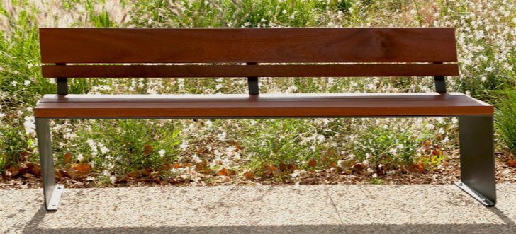 Banc public en bois PYSA - acier corten et bois tropical TIAMA - 2000mm_3