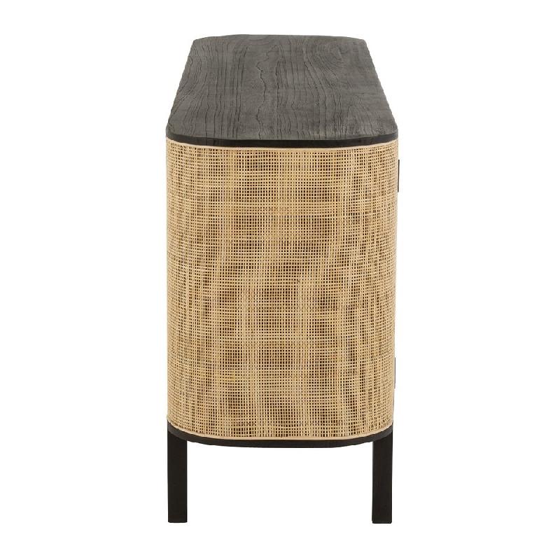 Buffet bas RARY - bois exotique noir et rotin naturel - 3 portes et 3 tablettes de rangement_3