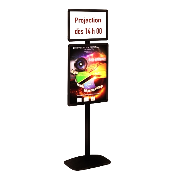 Porte-affiche Cadro-Clic® A2 sur pied H 133 cm noir - Réf : 214022NR - Cadres alu anodisé ouverture faciale_3