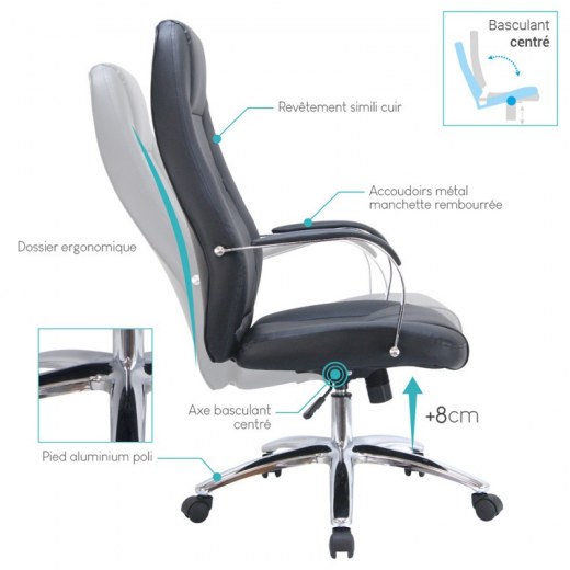 Fauteuil de bureau simili cuir - Dossier haut Félix - Référence 7620 FR204 - Accoudoirs chromés - Mécanisme basculant_3