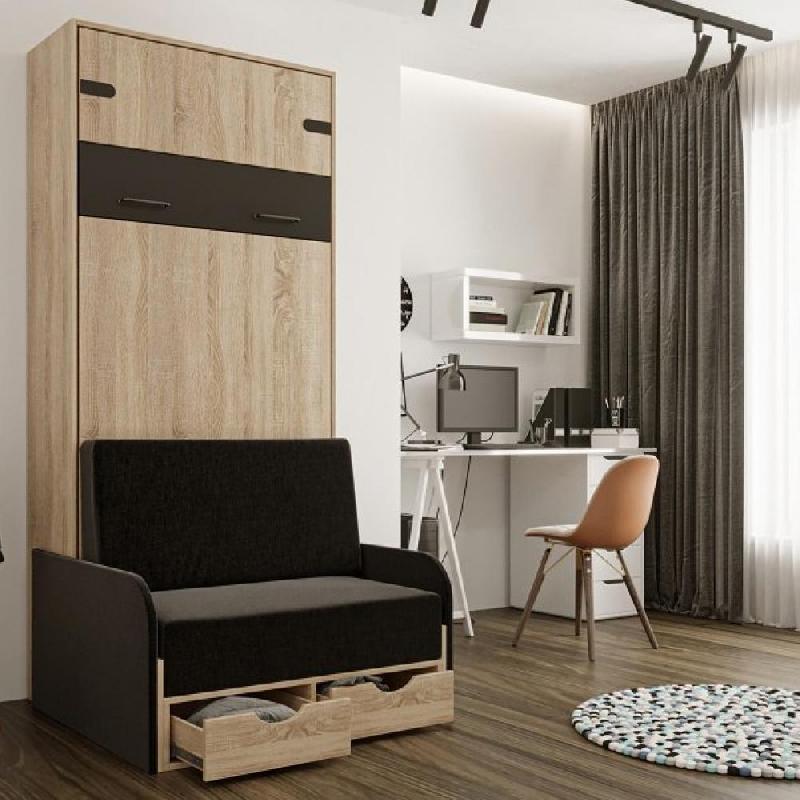 Lit escamotable style industriel KEY SOFA - canapé avec accoudoirs tissu et tiroirs de rangement - couchage 90x200 cm anthracite_3